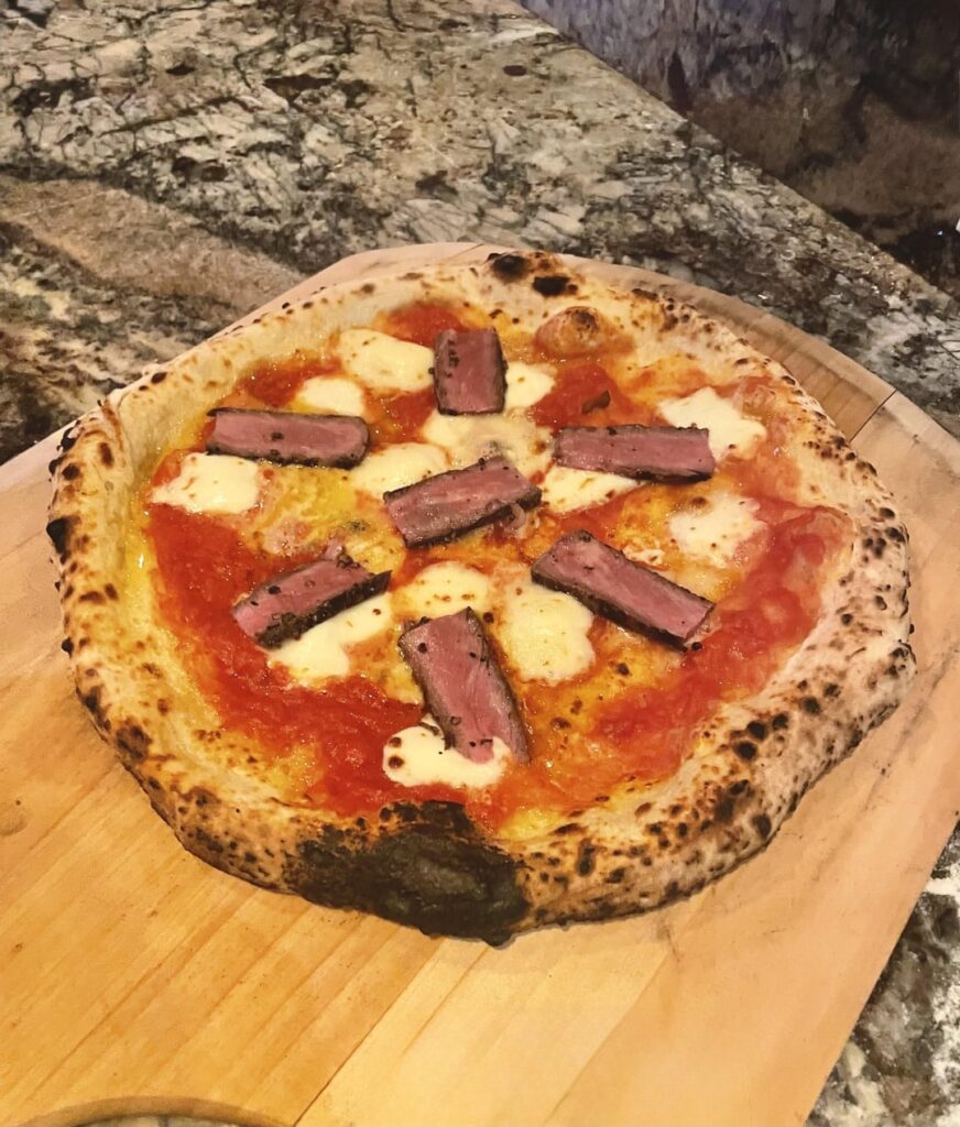 Steak & Blue Cheese & Rock shrimp with pesto.