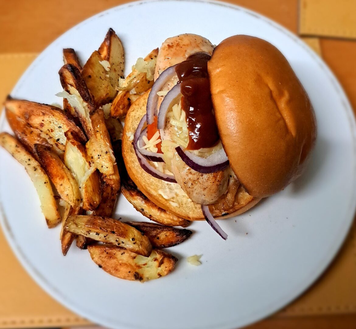 BBQ Chicken Burger with Aioli and Spiced Chips