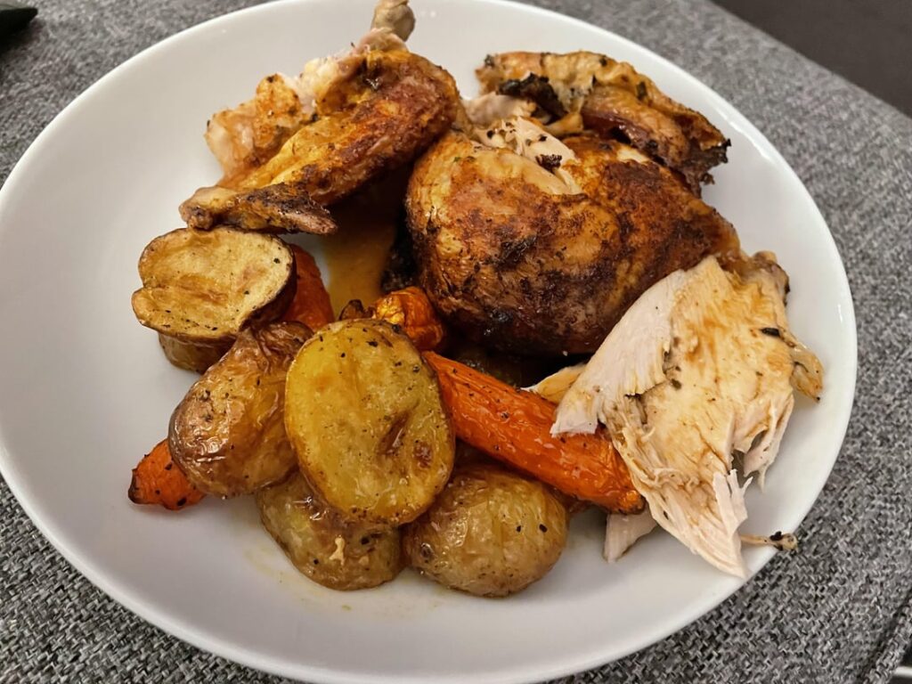 Just a big ‘ol’ plate of roast chicken with the chicken juices.