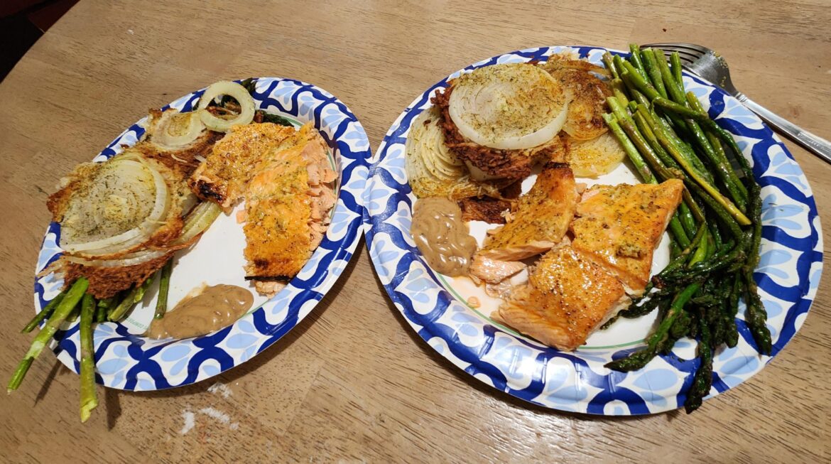 Keto onion parm chips, lemon pepper salmon and asparagus with a side of garlic sauce 😋