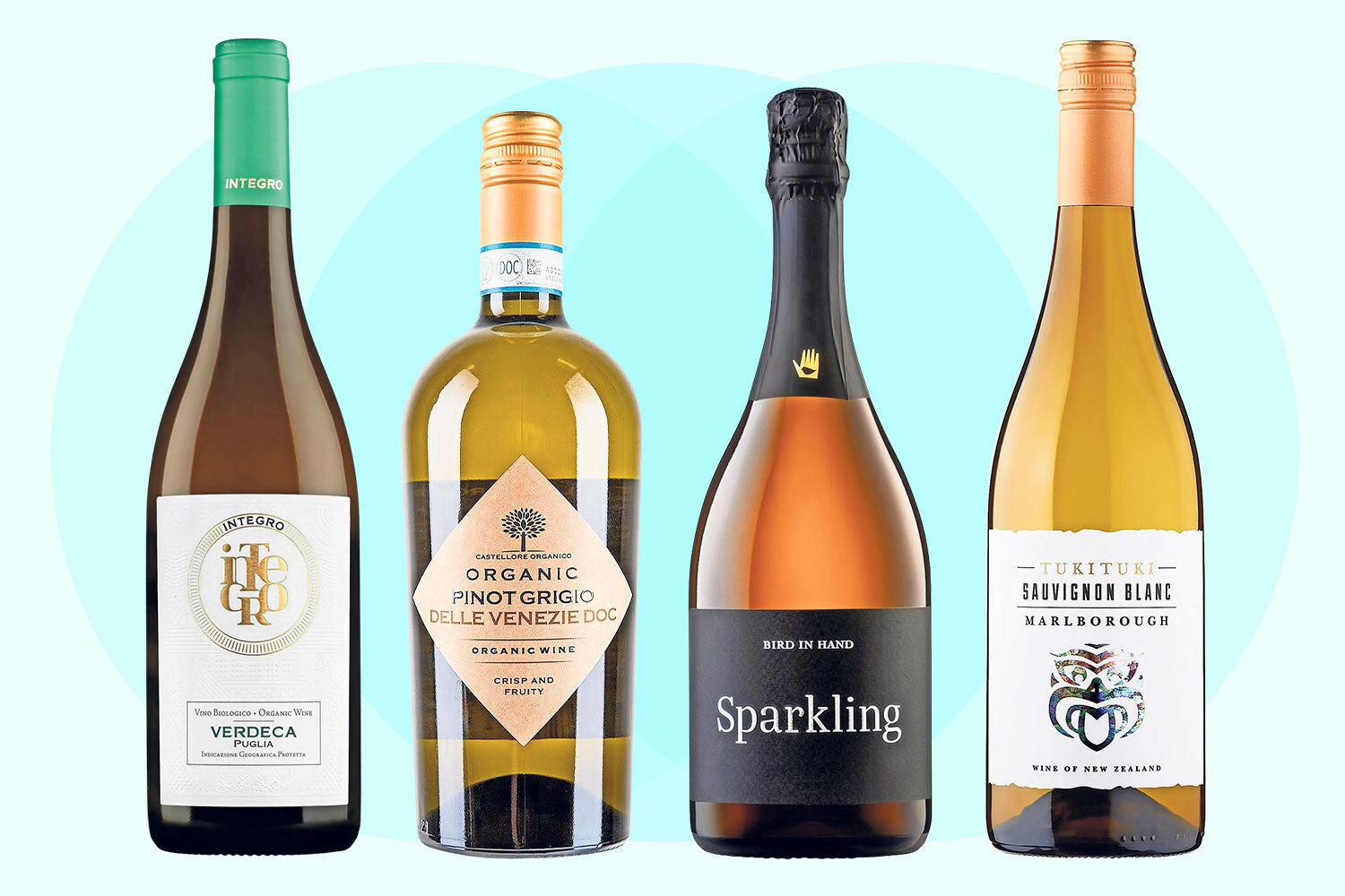 Collage of four bottles of white wine.
