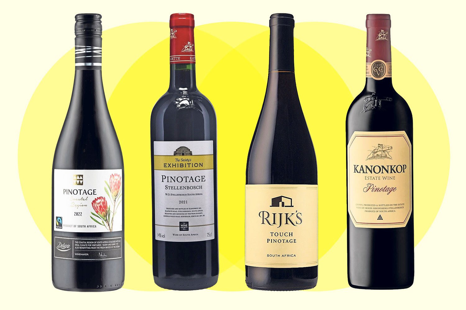 Four bottles of South African Pinotage wine.