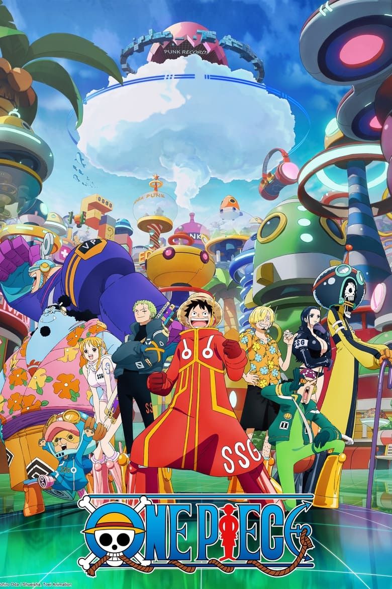 The poster for One Piece depicts Monkey D. Luffy, Roronoa Zoro, Sanji, Usopp, Nico Robin, Brook, Nami, Tony Tony Chopper, Franky and Jinbei in their Egghead Island outfits as they look at Egghead Island.