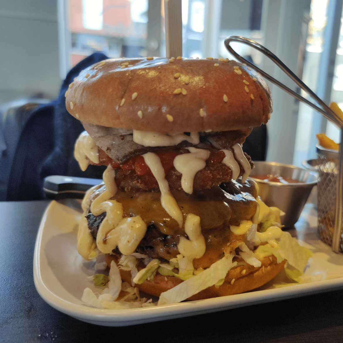 Camembert and Onion rings in this beast!