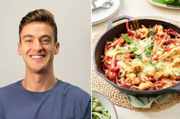 A picture of nutritionist Robbie Puddick (left); and a cast iron frying pan filled with chicken fajitas topped with melted cheese