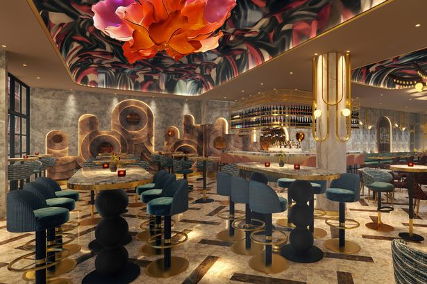 Photo shows rose sculpture on ceiling and modern decor