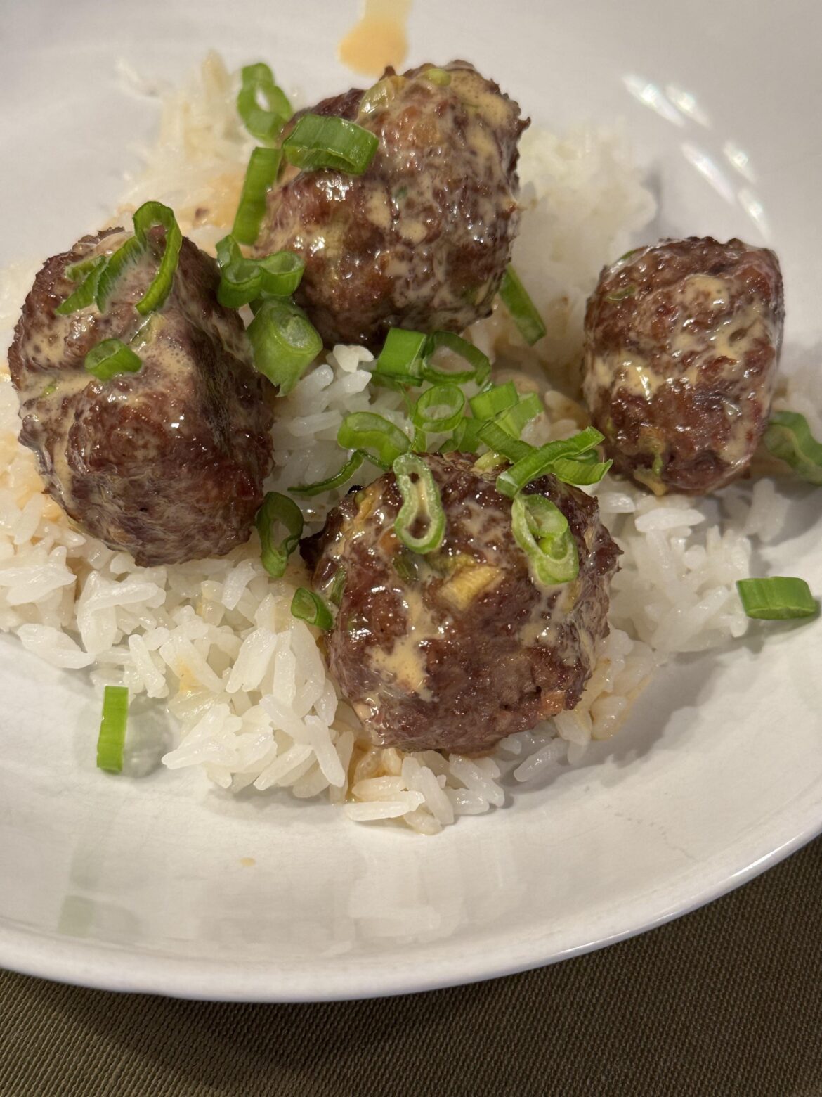 Firecracker meatballs w/roasted carrots & jasmine rice
