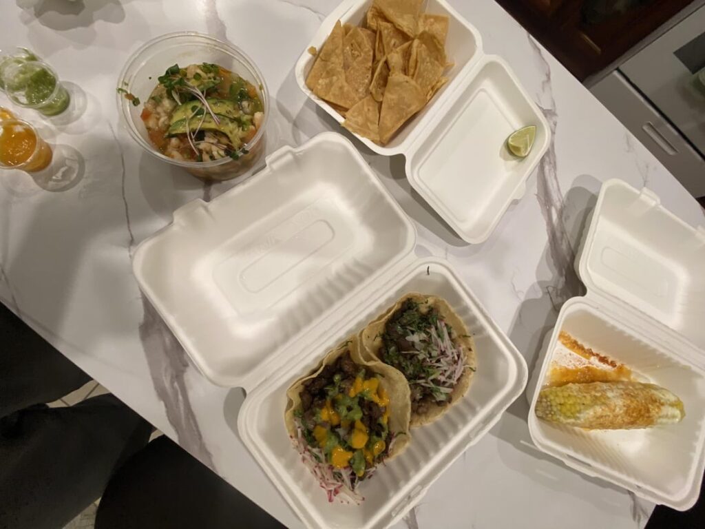 Tacos, ceviche y tortilla chips, flautas, and elote ftw