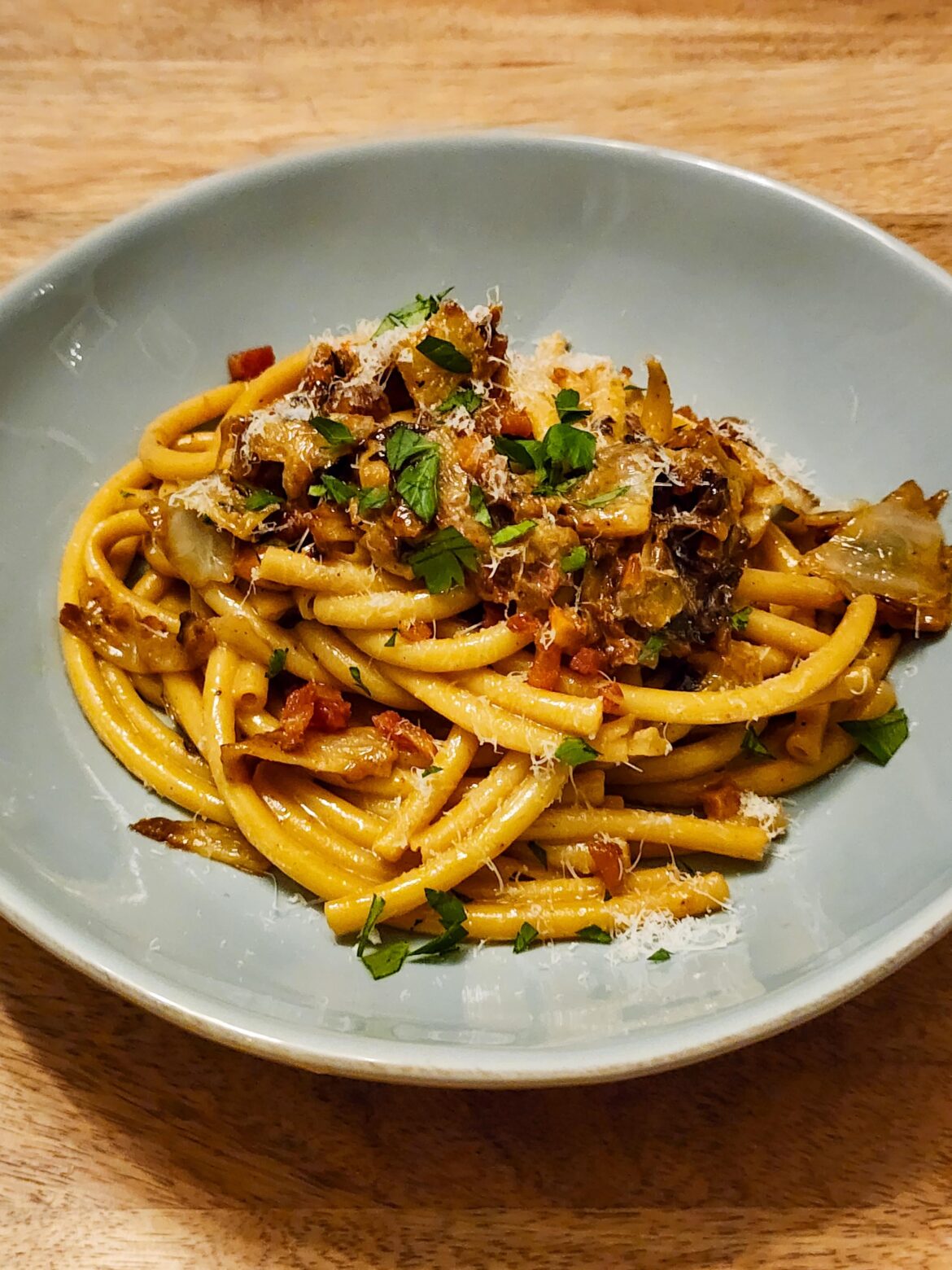 Brown butter bucatini with guanciale and charred cabbage