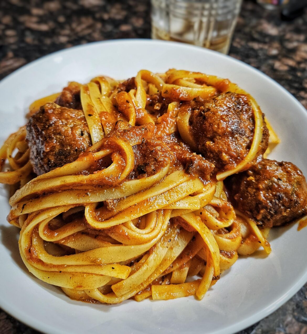 Fettuccine and meatballs.