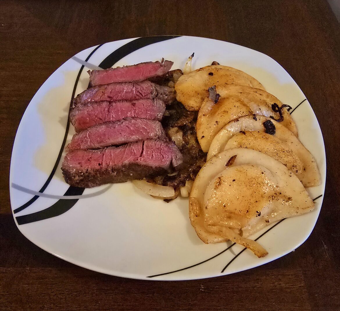 Prime Sirloin and Pierogies over a bed of caramelized onions.