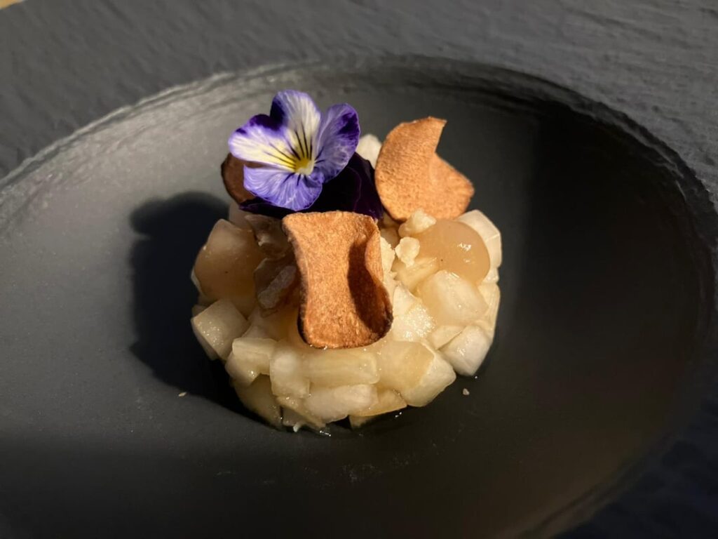 Pickled pear, brandy-pear gel, fried jerusalem artichoke and cream of jerusalem artichoke infused with browned butter and rosemary