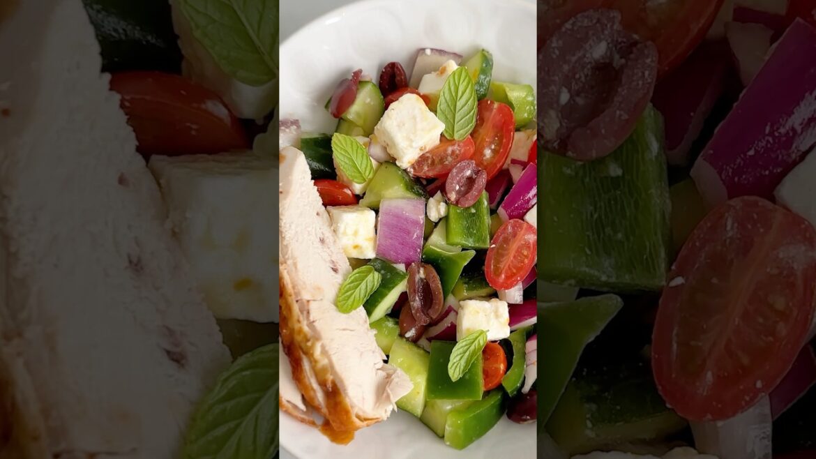 GREEK-ISH SALAD WITH CITRUS DRESSING AND CHICKEN GREEK-ISH SALAD WITH CITRUS DRESSING AND CHICKEN