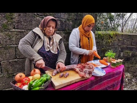 Mix of Cooking fish with vegetable pilaf and cow tail dish | Rural life In Iran Mix of Cooking fish with vegetable pilaf and cow tail dish | Rural life In Iran