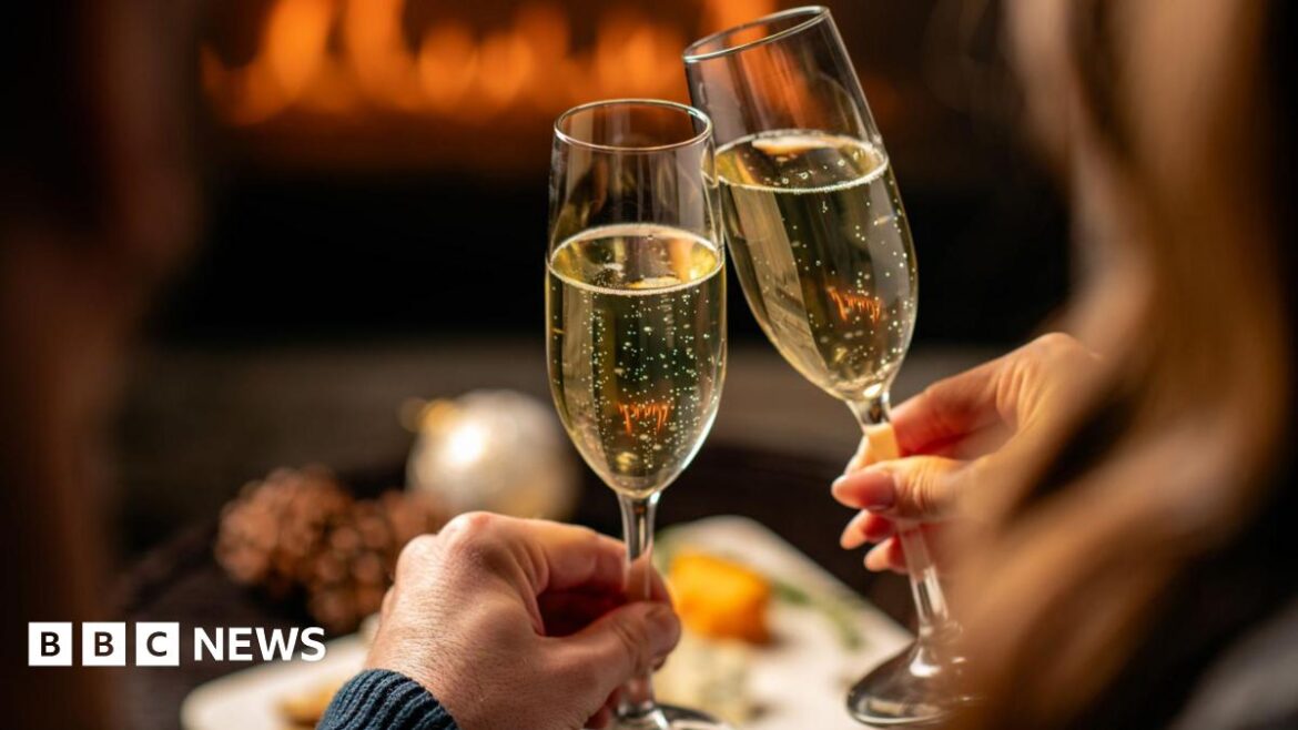 An older couple toasting two champagne flutes in their living room