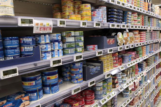 Tins of canned tuna in a Montpellier supermarket, March 2019.