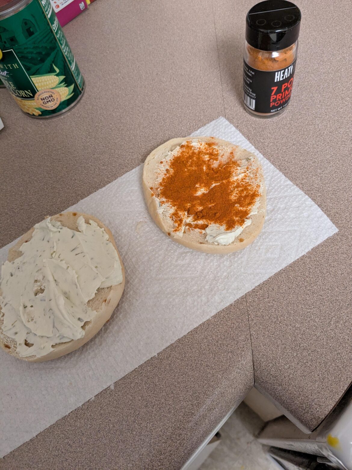Onion bagel with onion and chive cream cheese and seven pot Primo powder. Sorry I forgot to make this Mexican.
