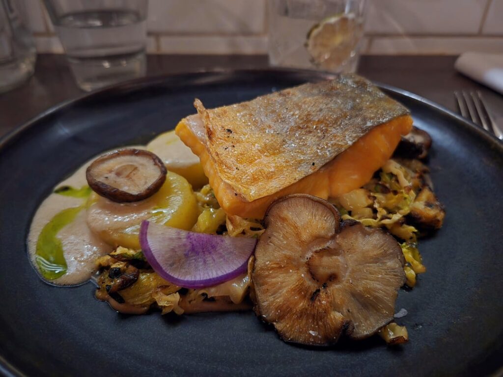 Charcoal Grilled Arctic Char, Aloo Gobi Pakora and Roasted Mushroom Soup from Richmond Station Charcoal Grilled Arctic Char, Aloo Gobi Pakora and Roasted Mushroom Soup from Richmond Station