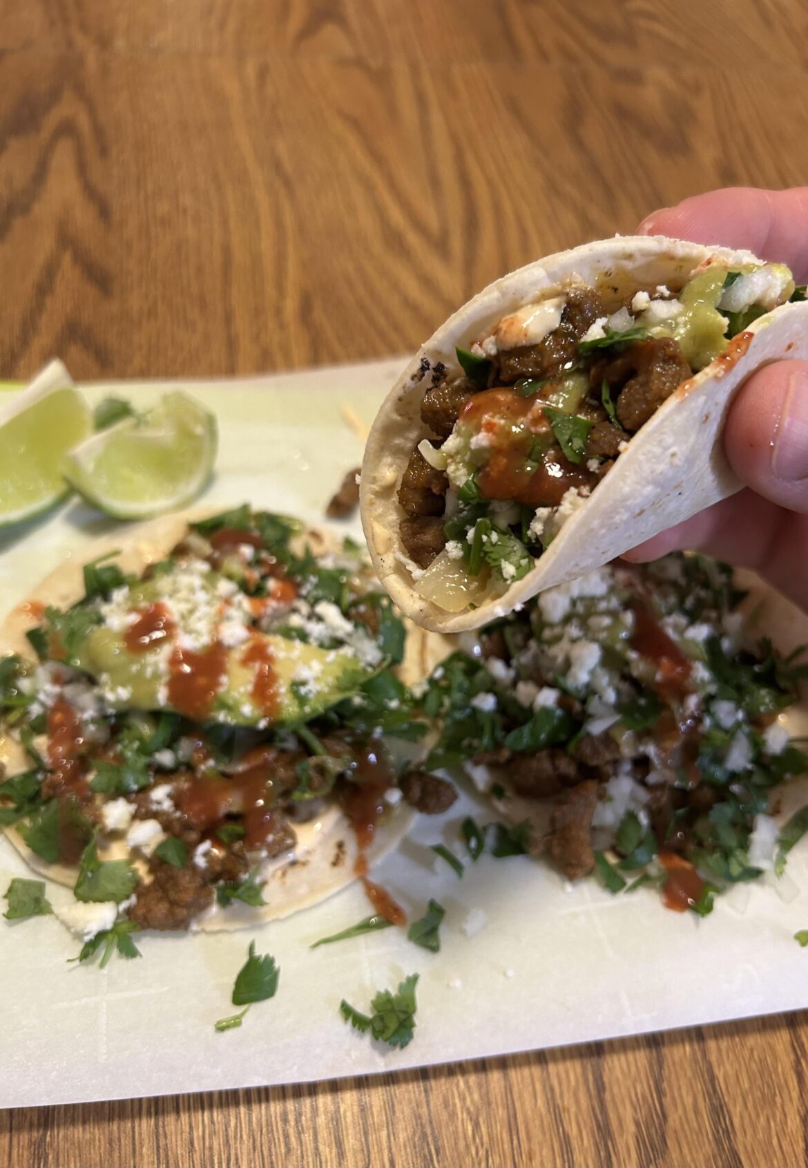 Sometimes, you got to hold tacos in such a way that the juices do not roll down your arm to your elbow.                                 If you love tacos, you know what I’m talking about .