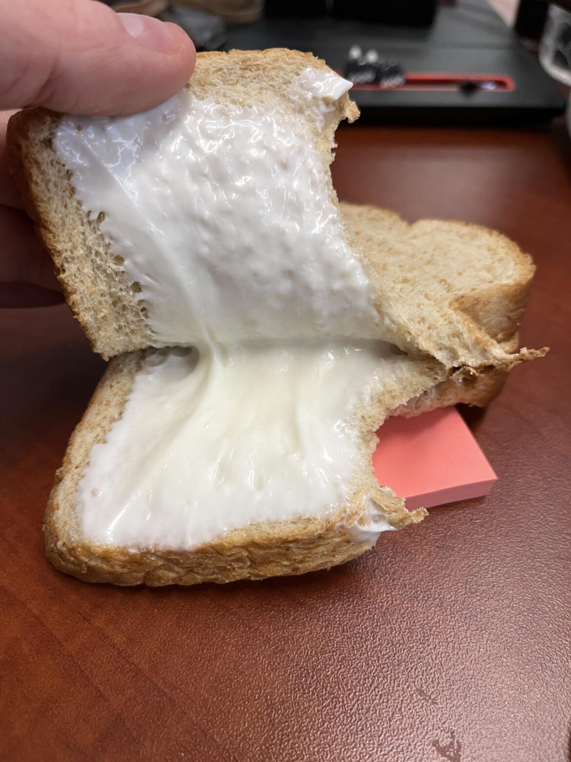 today's lunch: mayonnaise sandwich served on a post-it note