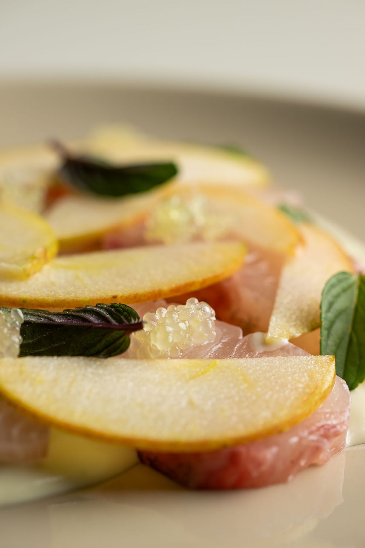 Kampachi crudo, ajo blanco, Ashmead’s Kernel apple, caviar lime at Bar Etoile.