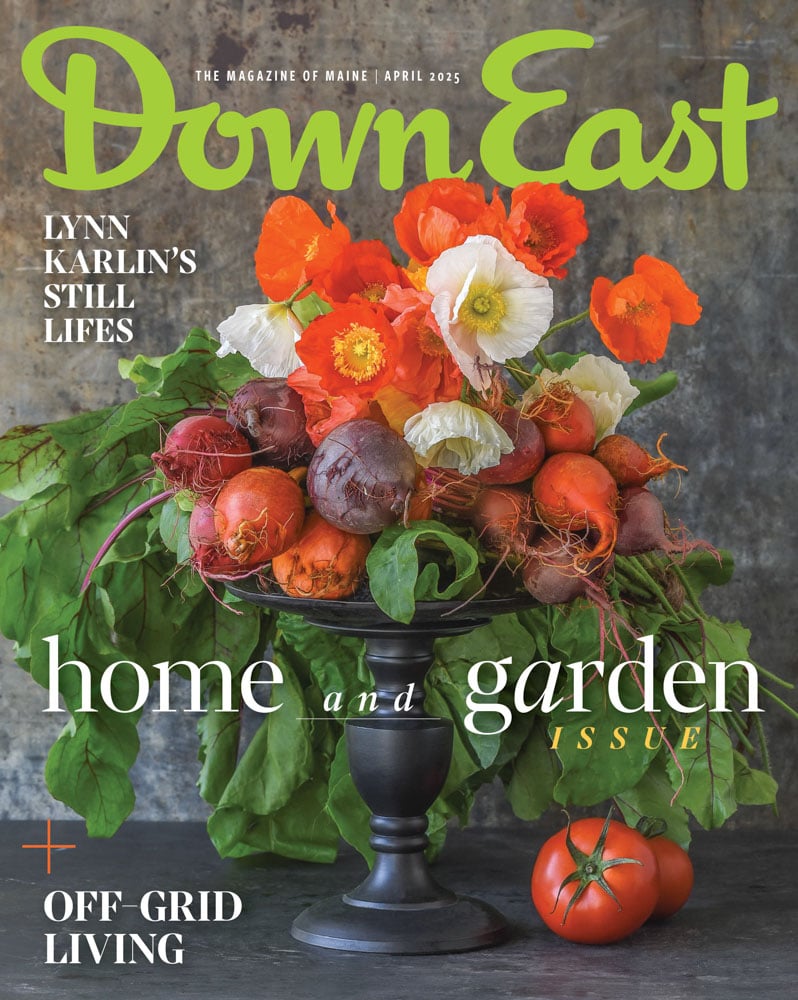 April 2025 cover of Down East magazine: A bouquet of poppies and beets.