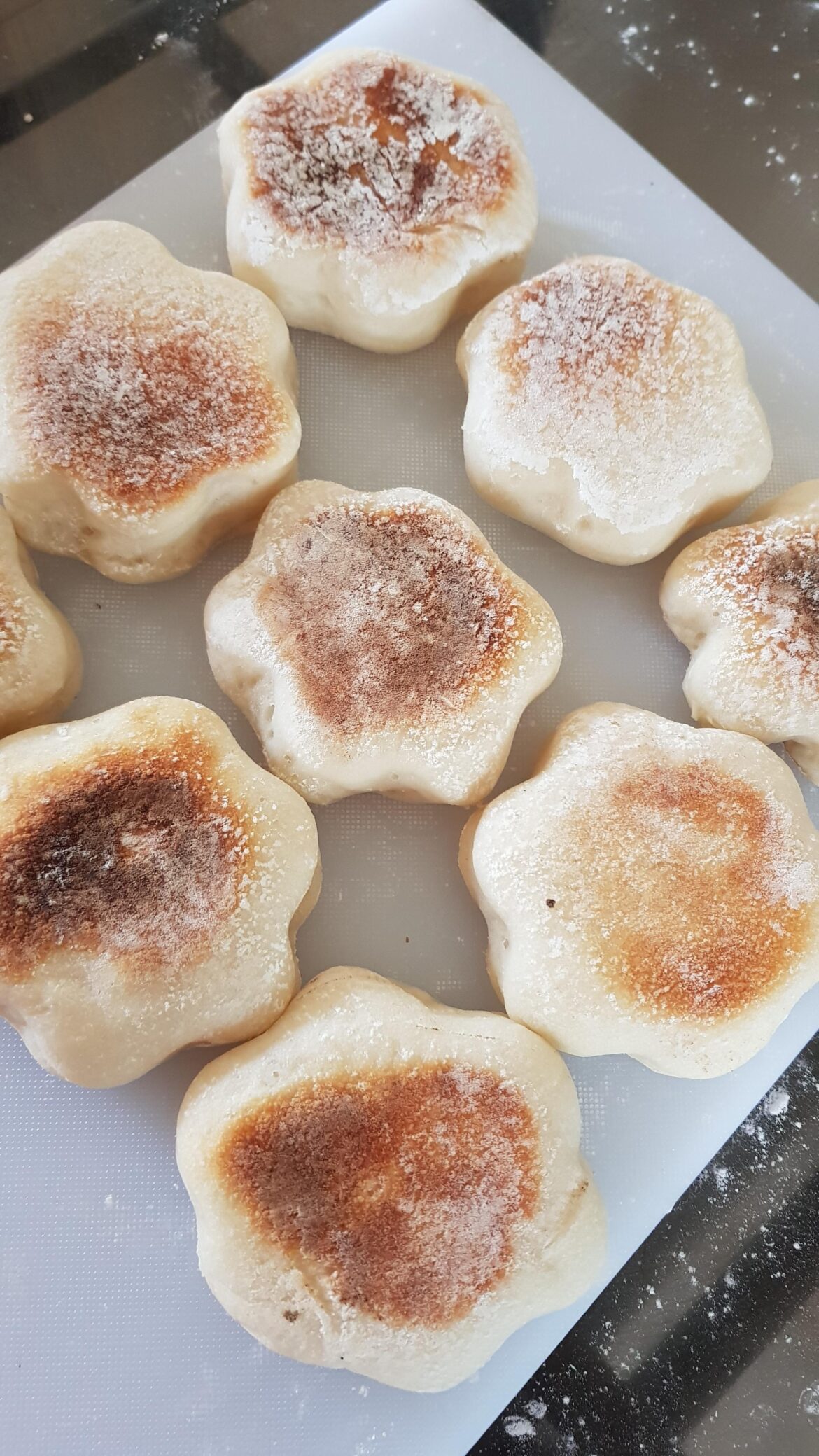Made flower shaped english muffins because i don't have a plain round cutter.