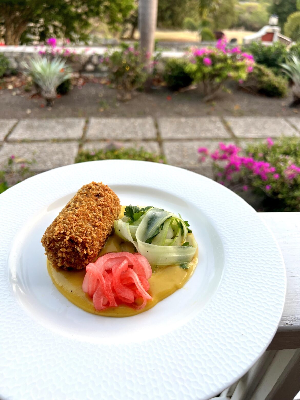 Oxtail Croquette with Coconut Milk Plantain Purée, Celery Salad and Pickled Red Onion