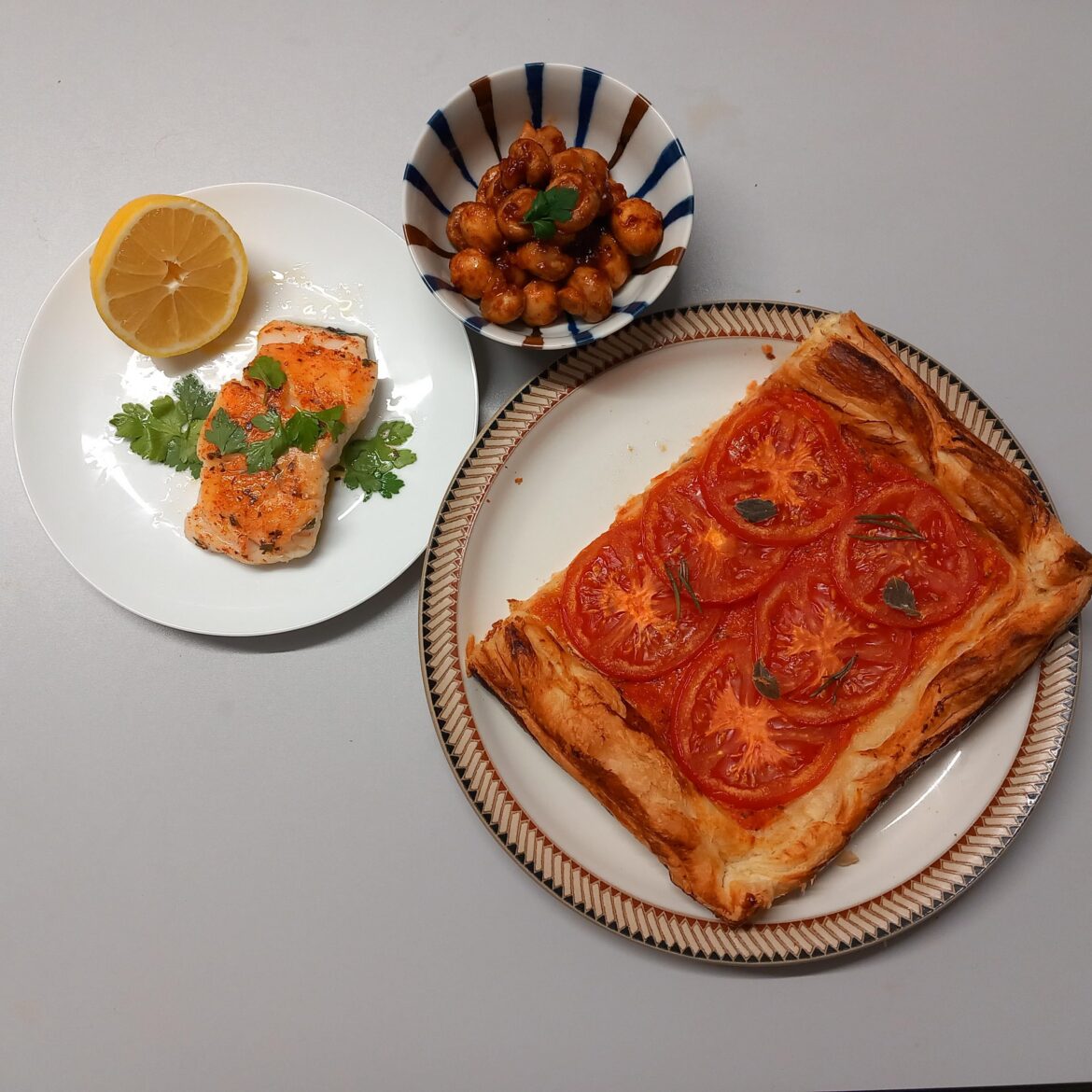 Tomato and mustard tart with cod and mini mushrooms [OC]