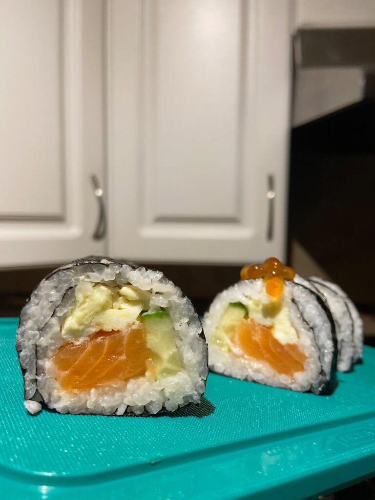 Leftover scrambled eggs, cucumber, and salmon