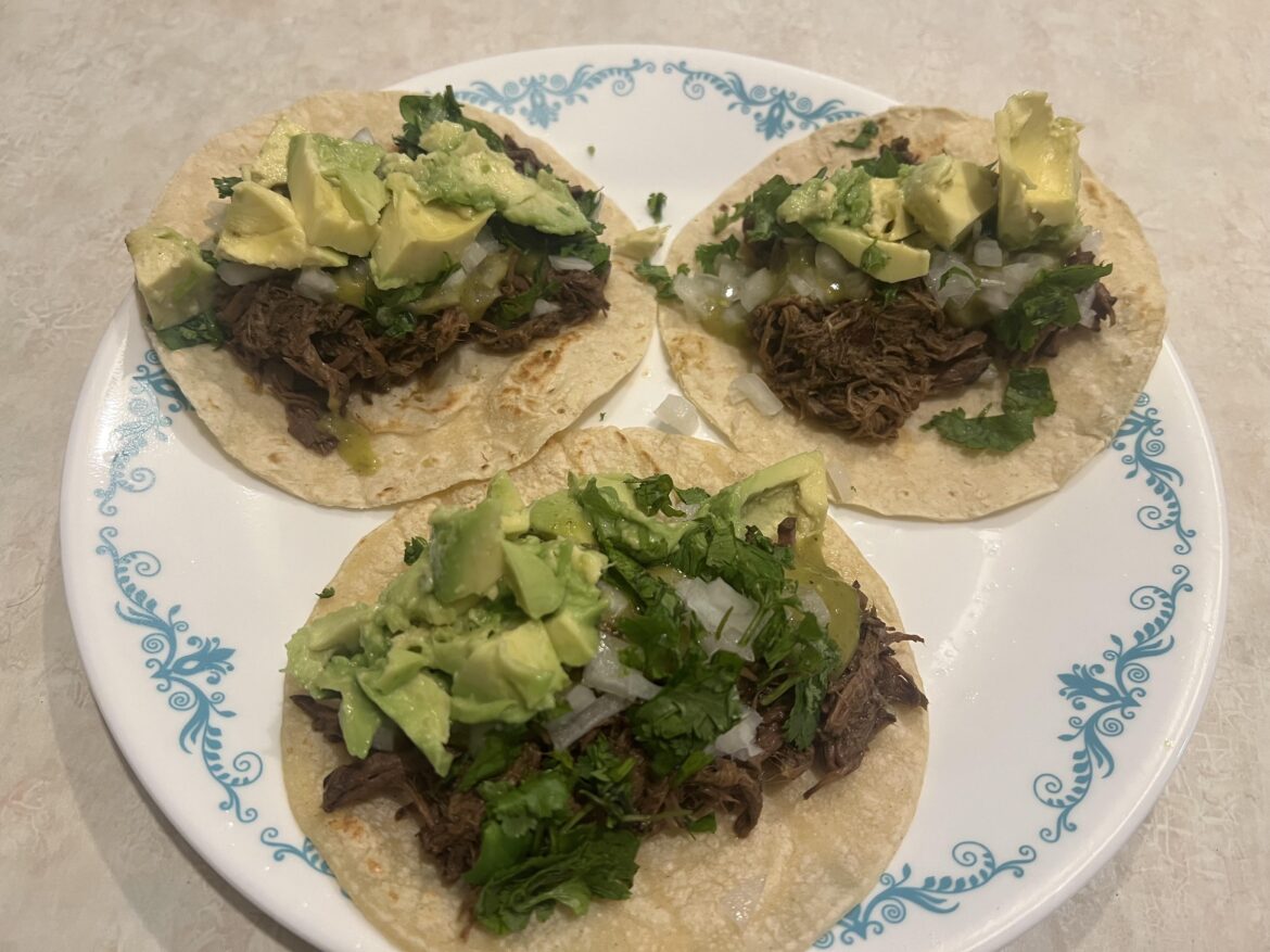 “Barbacoa” tacos with homemade Salsa Verde.