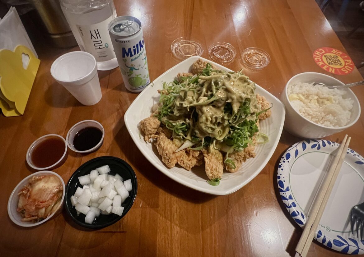 Padak with fried rice cakes, butter soy rice, kimchi, radish, and melon Milkis!
