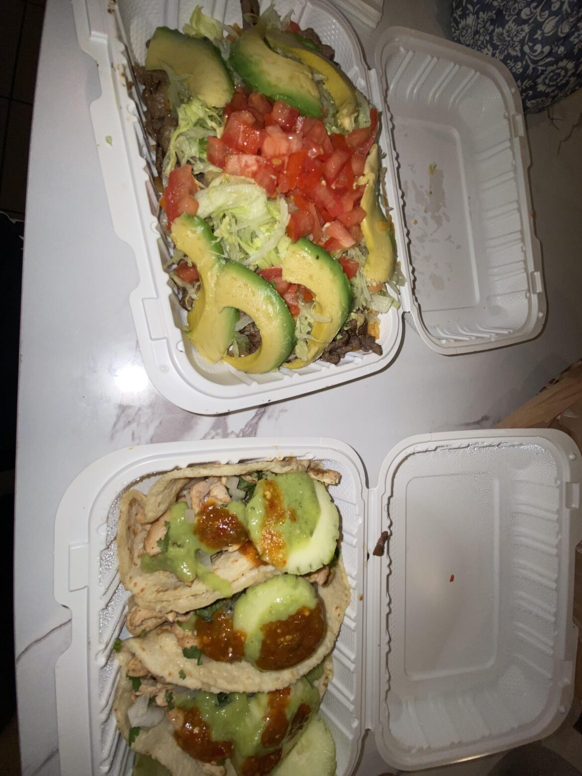 Pollo tacos and a taco “bowl”
