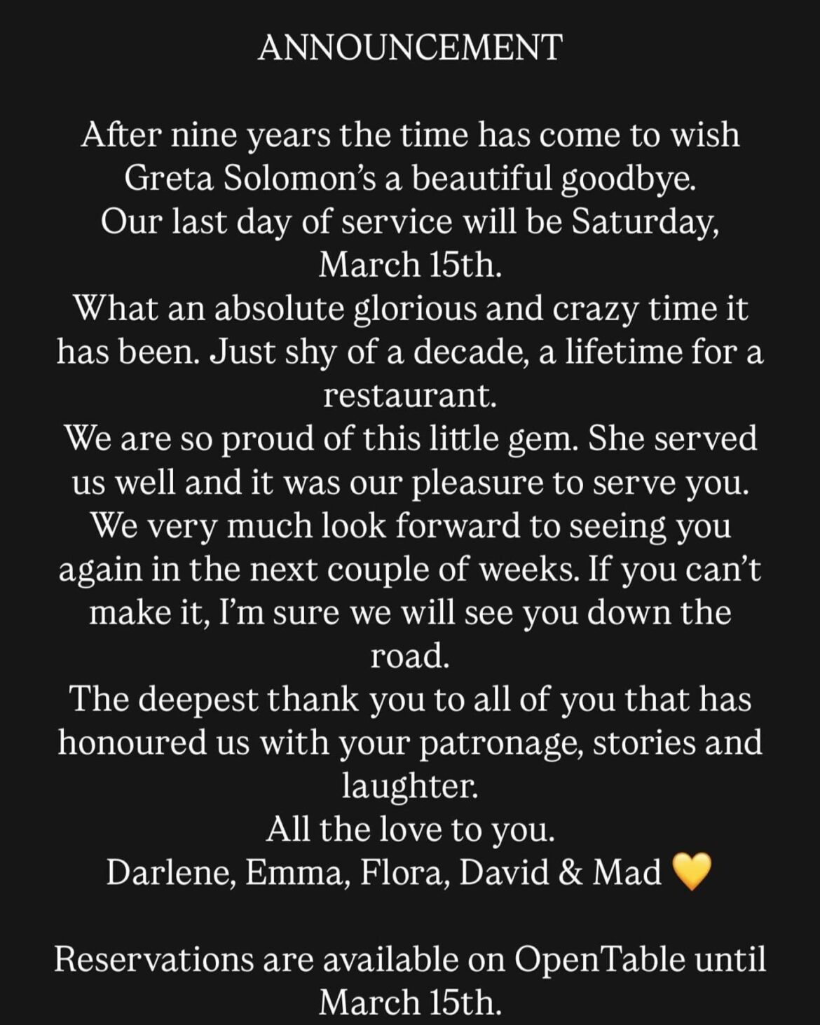 Greta Solomon's announces its closure after a 10 year run in Leslieville