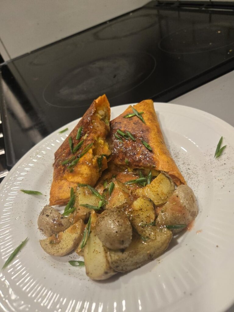 Potato and egg breakfast burrito with panjam yukon