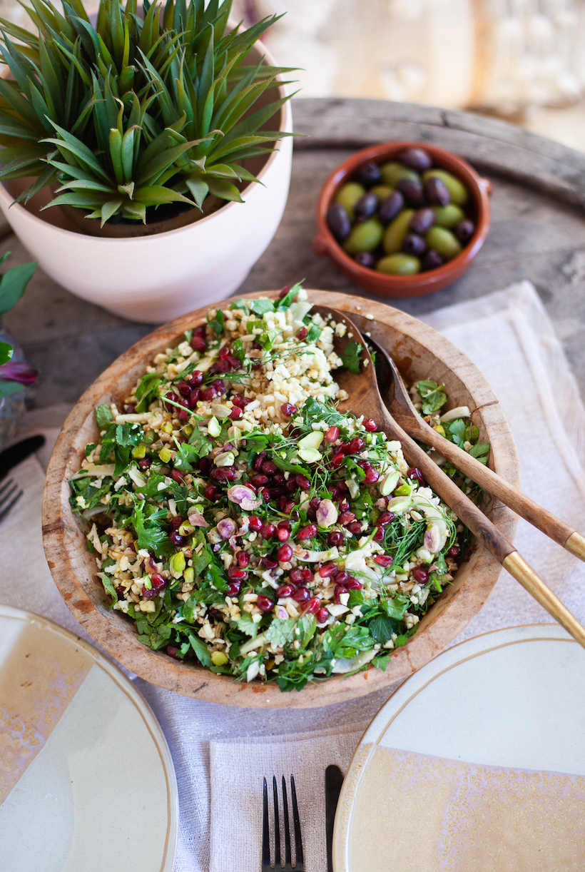Cauliflower Tabbouleh with Pomegranates, Pistachios, and Fennel - A healthy and easy spin on the traditional mediterranean salad