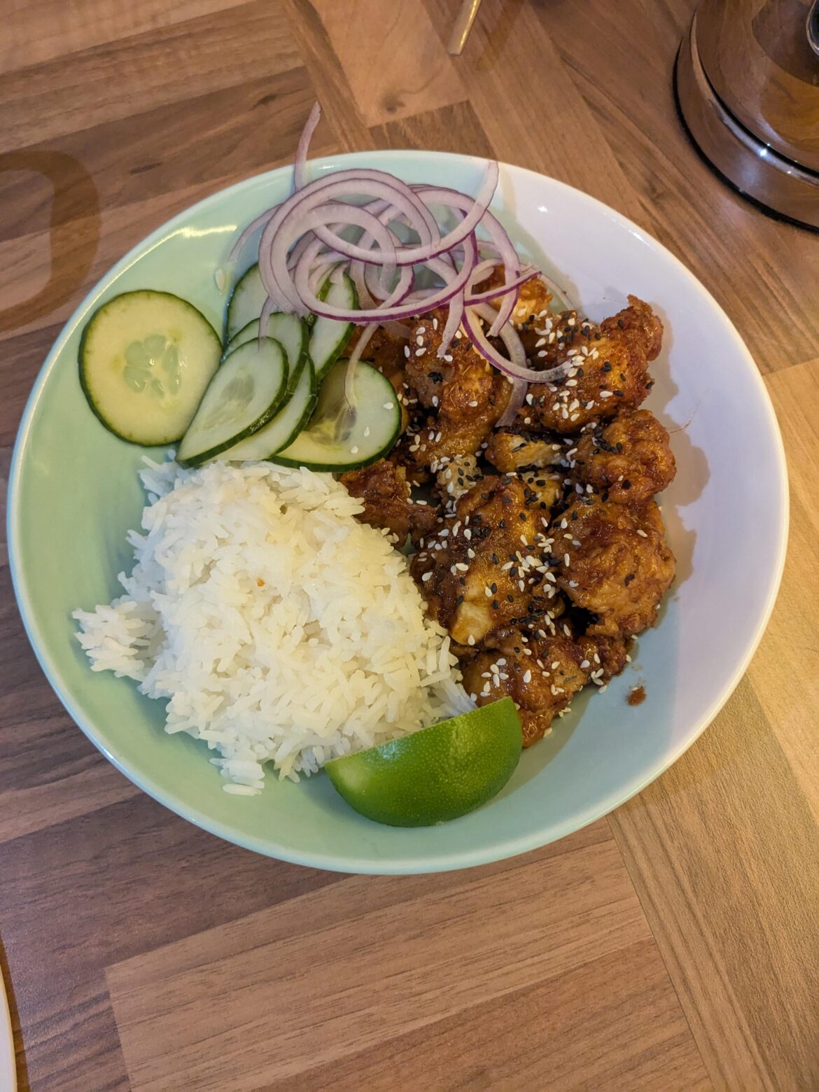 Korean fried chicken, Jasmine rice, pickled cucumber