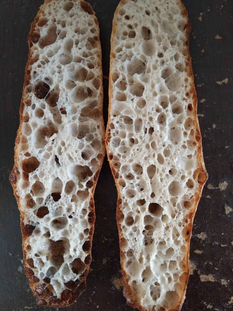 Rustic 115% hydration sourdough baguette