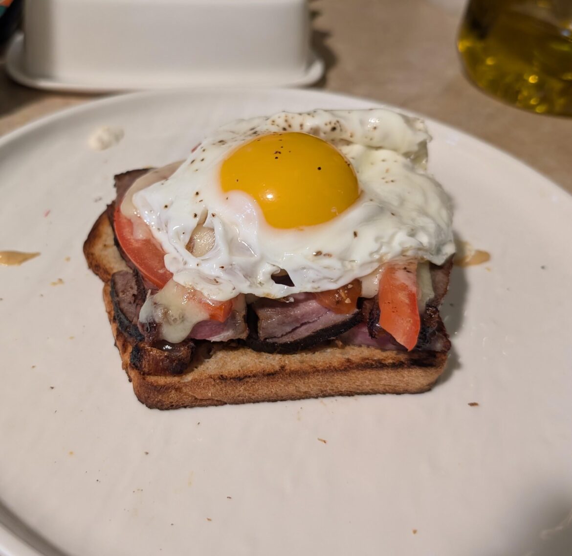 Last night's steak with egg, tomato, and cheese. Open faced on homemade sourdough.