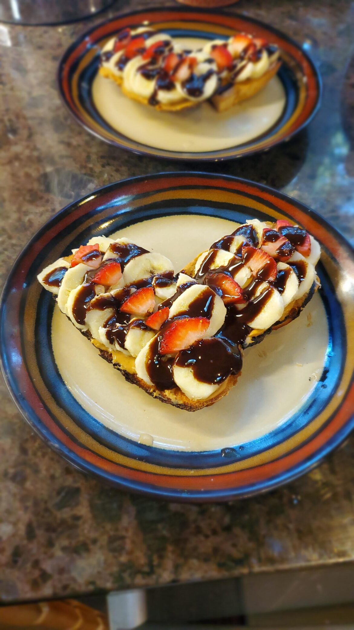 Chocolate Drizzled, Heart Shaped Sourdough, Peanut Butter Toast with Manners and Strawberries 🍫❤️🍞🥜🍌🍓