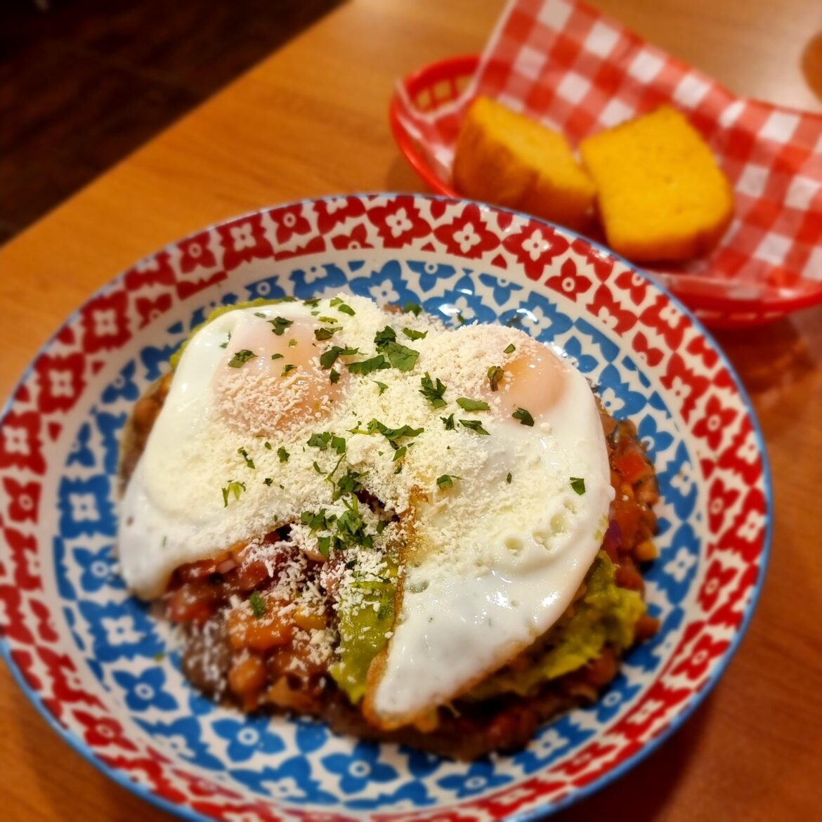 I ate Huevos Rancheros and corn bread.