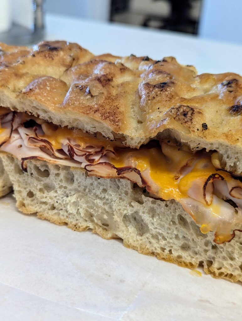 Honey mustard turkey melt on homemade focaccia