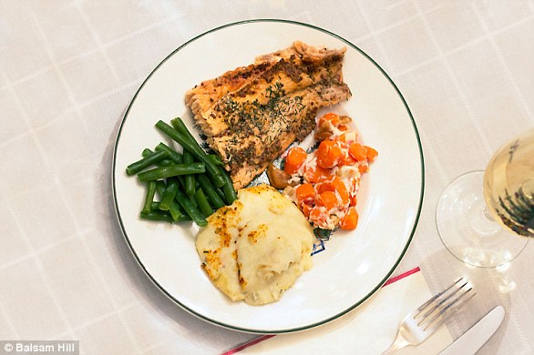 'My boyfriend and I are pescatarians so we opt for some salmon in a mustard dill sauce'