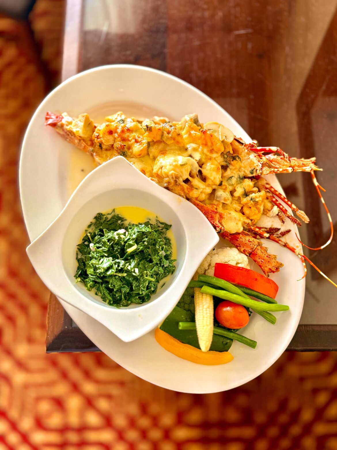 Lobster Thermidor with Creamed Spinach and Vegetables
