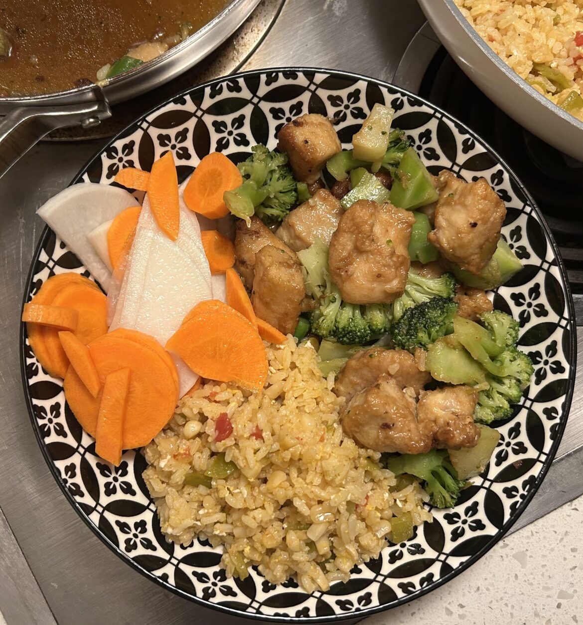 Teriyaki Chicken & Broccoli, Mexican Fried Rice, Pickled Daikon & Carrot