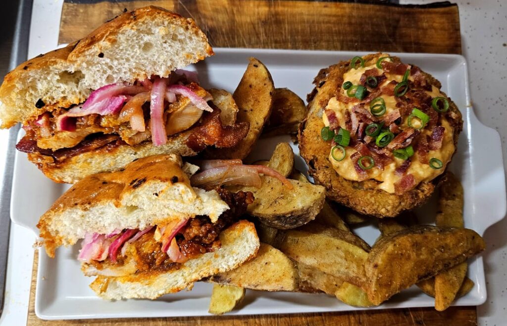 KBBQ Chicken Sandwich w/ Gochujang Queso & Fries