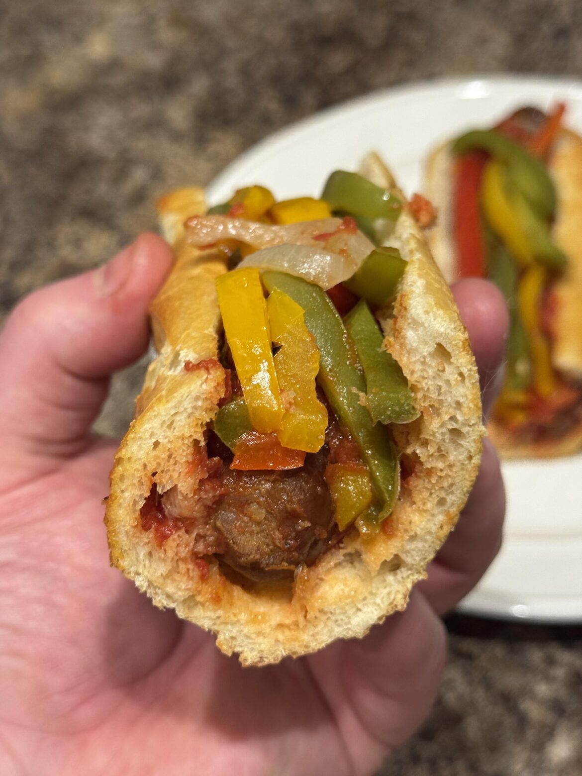 Sausage Pepper Onion on a Crusty Baguette