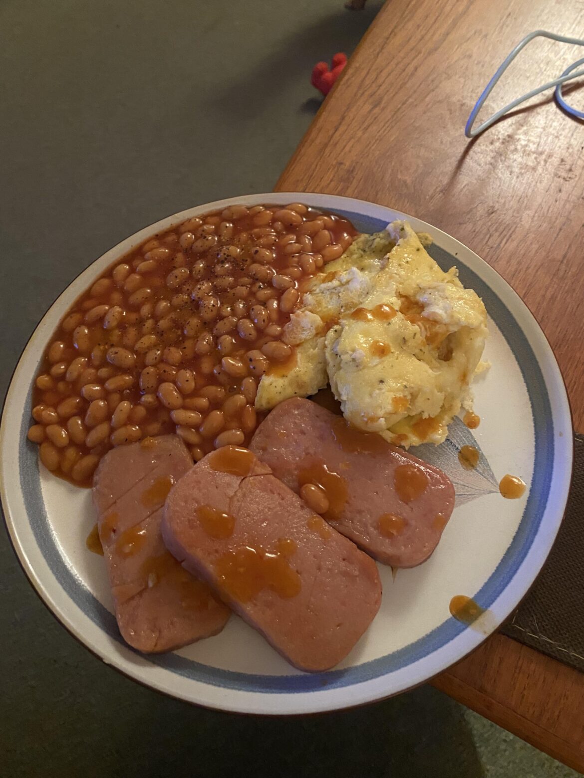 Spam beans and omelette