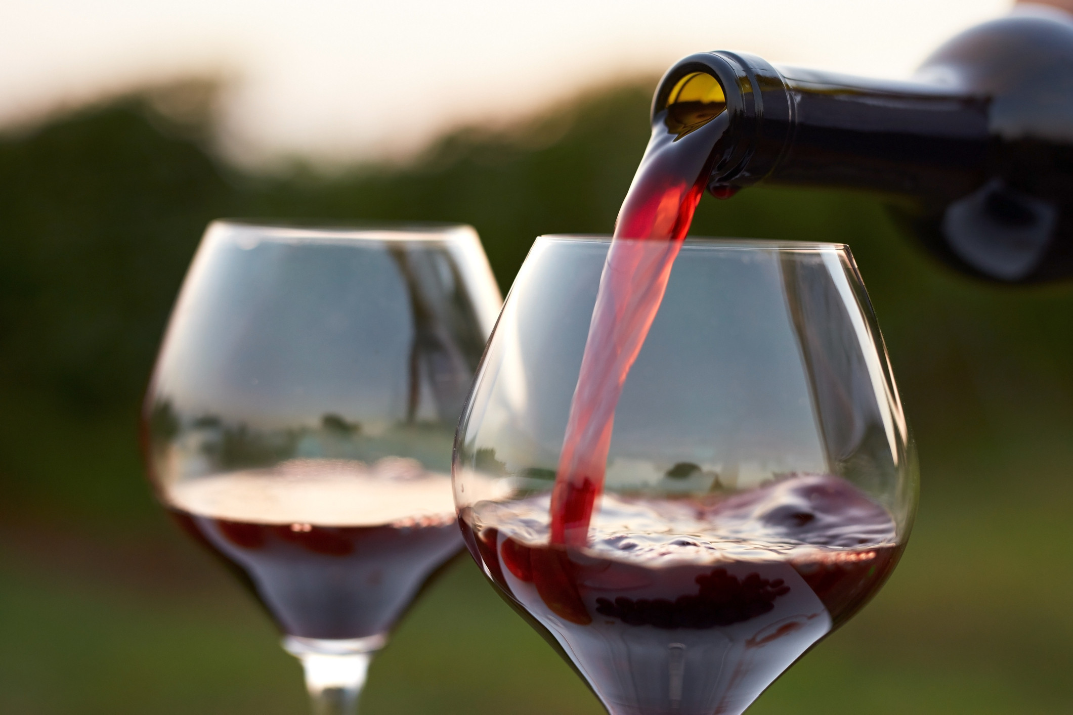 Pouring red wine into glasses.