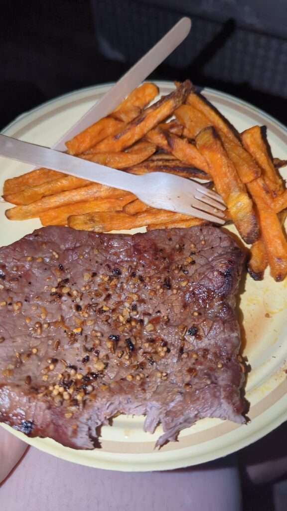 Steak cooked in air fryer with no oil. Fries were dropped on floor right before this was taken. Steak so tough I had to eat it with my hands.